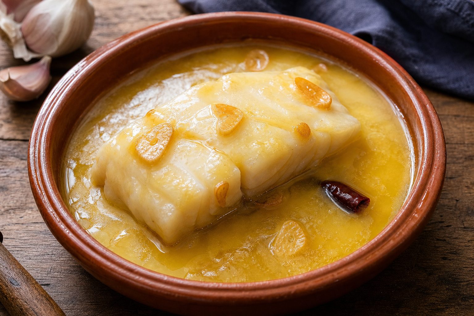 Lomo de bacalao en cazuela de barro con salsa pilpil, ajos laminados y guindilla