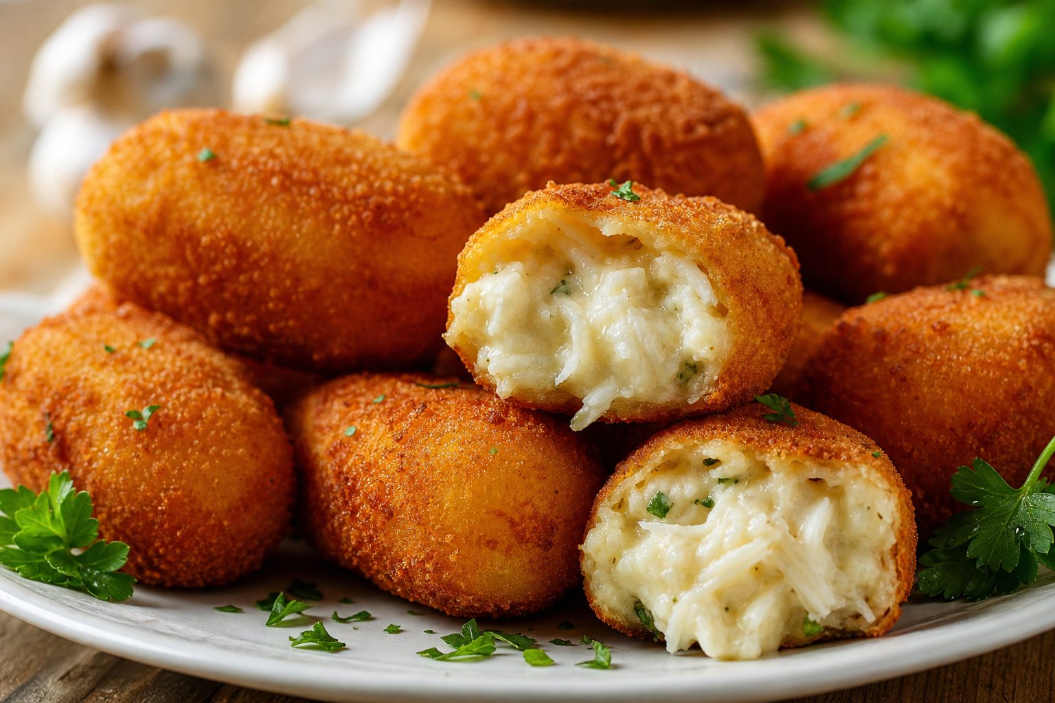 Croquetas de bacalao doradas y crujientes con interior cremoso de migas saladas