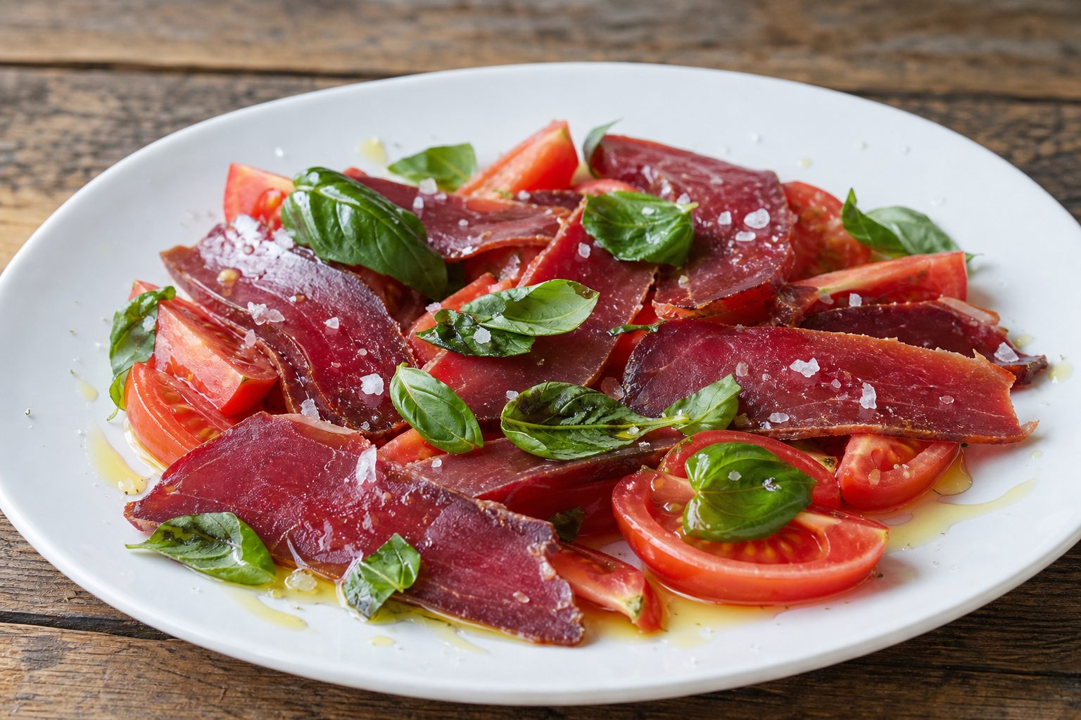 Mojama con tomate en lonchas, aceite de oliva y hierbas en plato