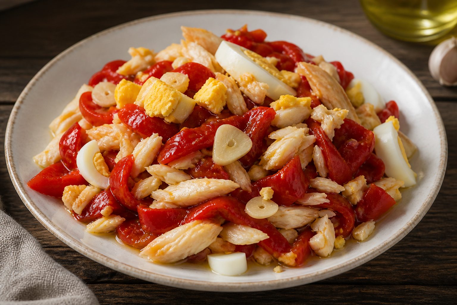 Esgarraet con pimientos asados y migas de bacalao aliñadas con ajo y aceite