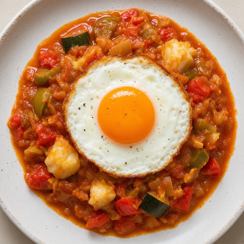 Pisto de verduras con migas de bacalao Salacor y huevo frito
