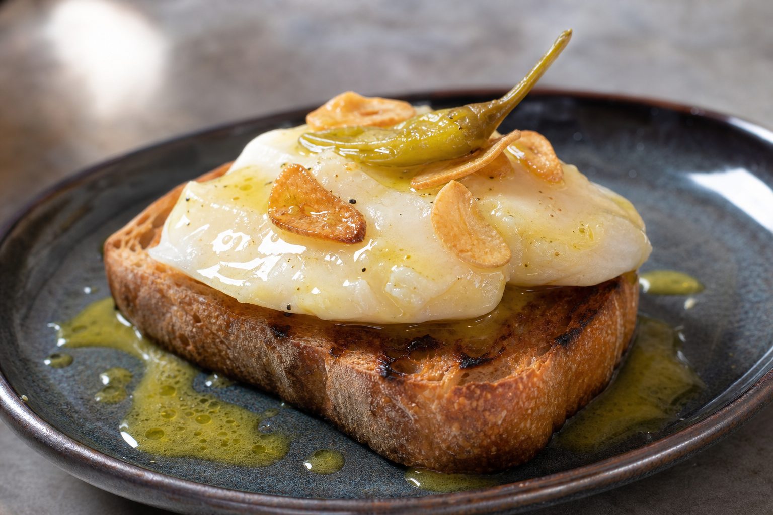 Tosta de pan con lomito de bacalao al pilpil, ajo y guindilla